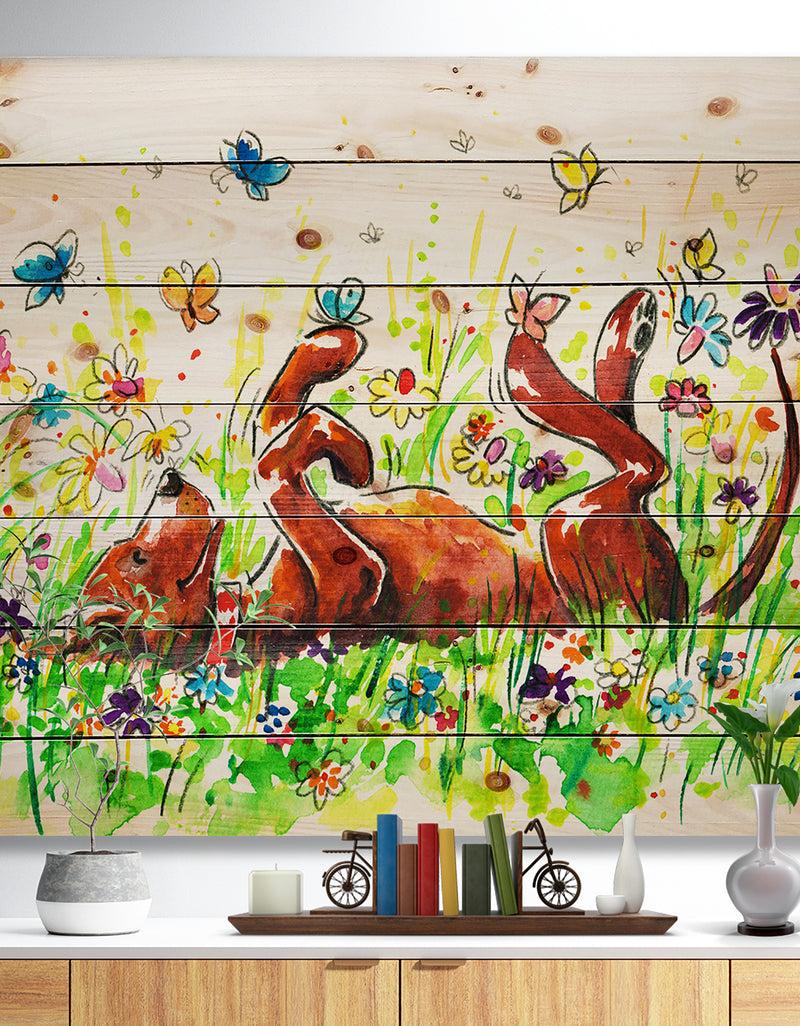 designq Happy Brown dog with Flowers and Butterfly - Animals Painting Print on Natural Pine Wood
