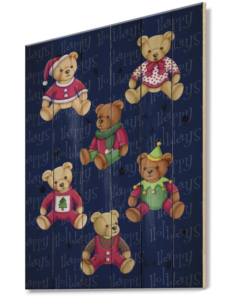 Designq Happy Holidays Christmas Bears - Print On Natural Pine Wood