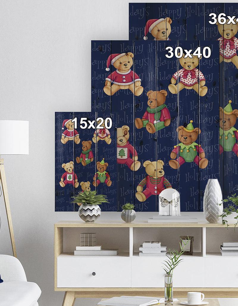 Designq Happy Holidays Christmas Bears - Print On Natural Pine Wood