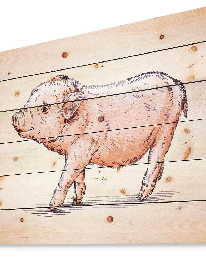 Designq Happy Pig Portrait In Brush Painting - Farmhouse Animal Painting Print On Natural Pine Wood