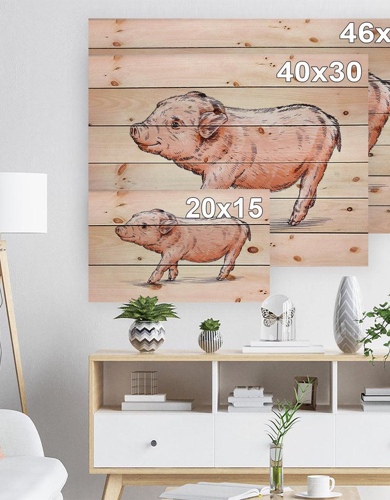 Designq Happy Pig Portrait In Brush Painting - Farmhouse Animal Painting Print On Natural Pine Wood