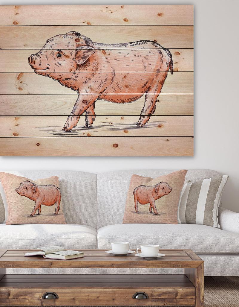 designq Happy Pig Portrait in Brush Painting - Farmhouse Animal Painting Print on Natural Pine Wood