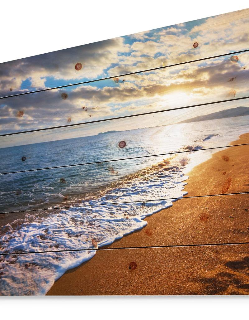 Designq Heavy Clouds Over Morning Beach - Seashore Print On Natural Pine Wood