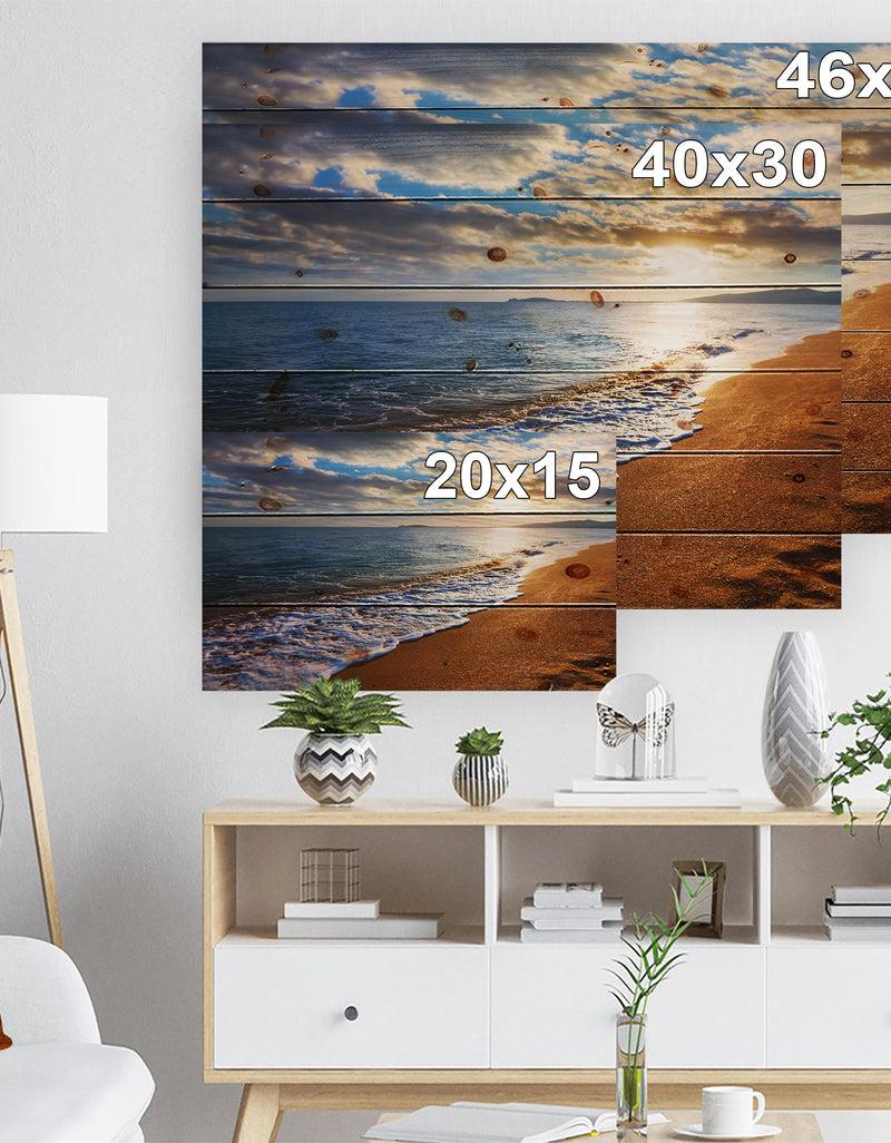 Designq Heavy Clouds Over Morning Beach - Seashore Print On Natural Pine Wood