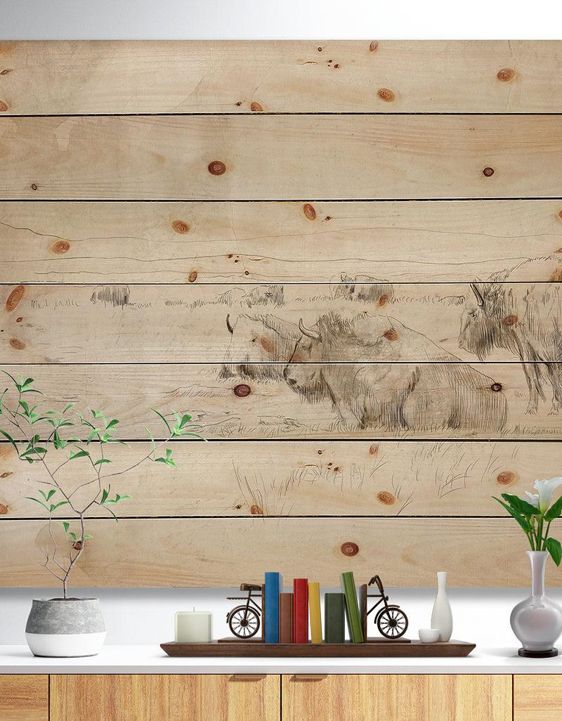 designq Herd of Wild Bison Sketch - Farmhouse Animal Painting Print on Natural Pine Wood
