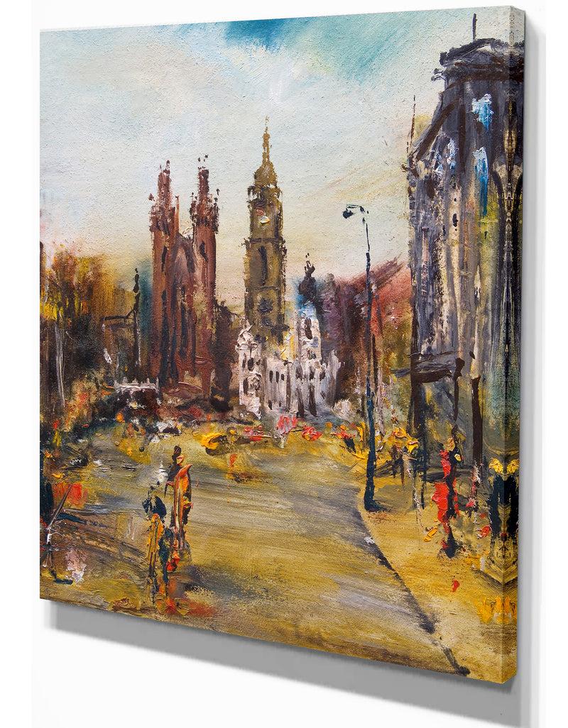 Designq Hhistoric Square With Church Oil Painting - Cityscapes Painting Print On Wrapped Canvas