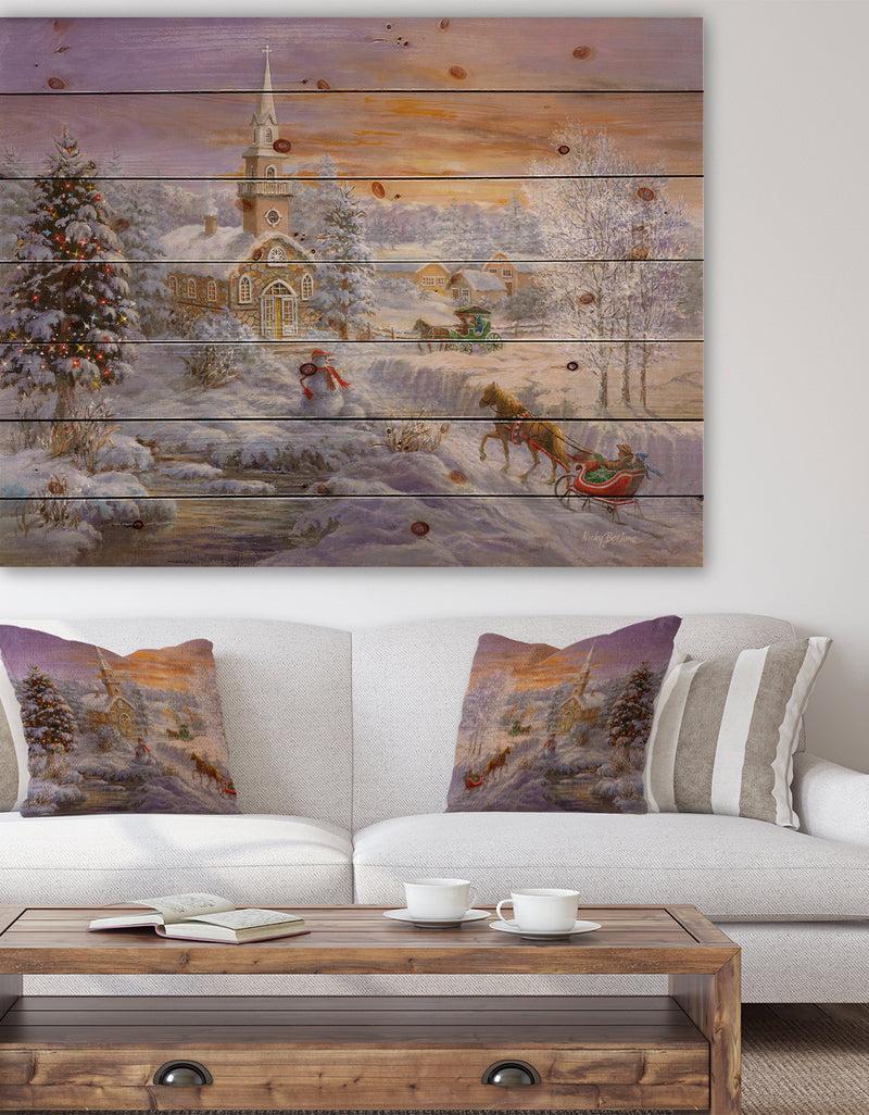 designq Holiday Worship winter scene with sleigh and church - Print on Natural Pine Wood
