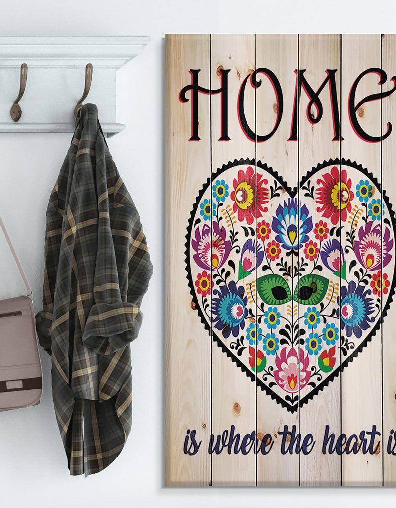 designq Home is where the heart is. Flower heart - Textual Entrance Art on Wood Wall Art
