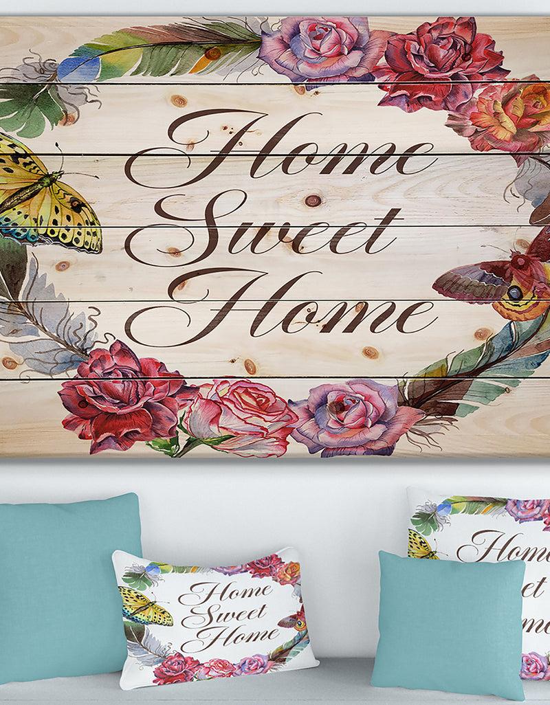 designq Home Sweet Home Butterfly Floral Wreath - Textual Entrance Art on Wood Wall Art