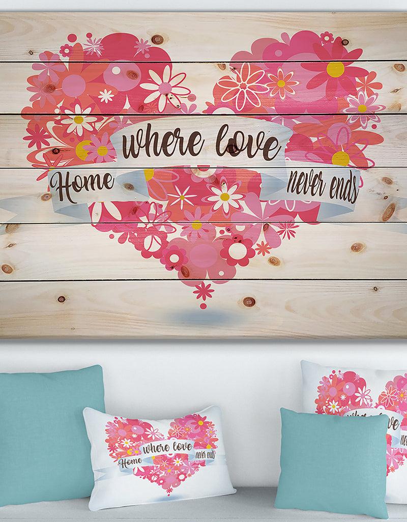 designq Home where Love never ends. Flower Banner Heart - Textual Entrance Art on Wood Wall Art
