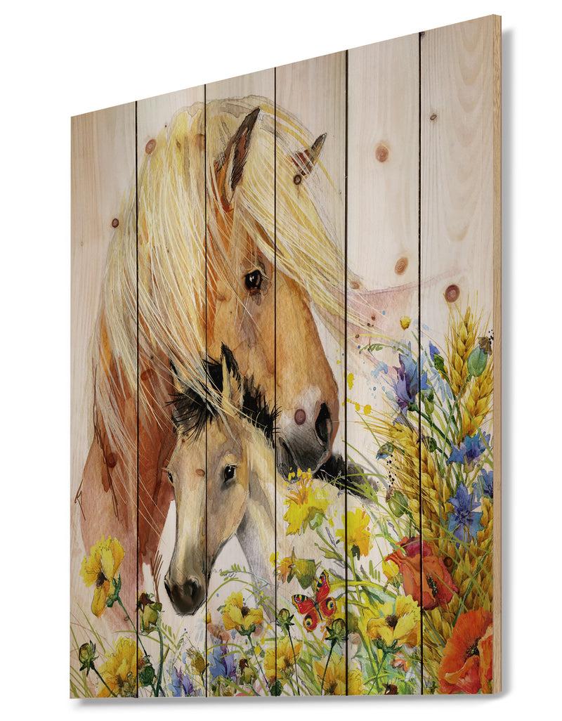 Designq Horse And Foal With Meadow - Animal Print On Natural Pine Wood