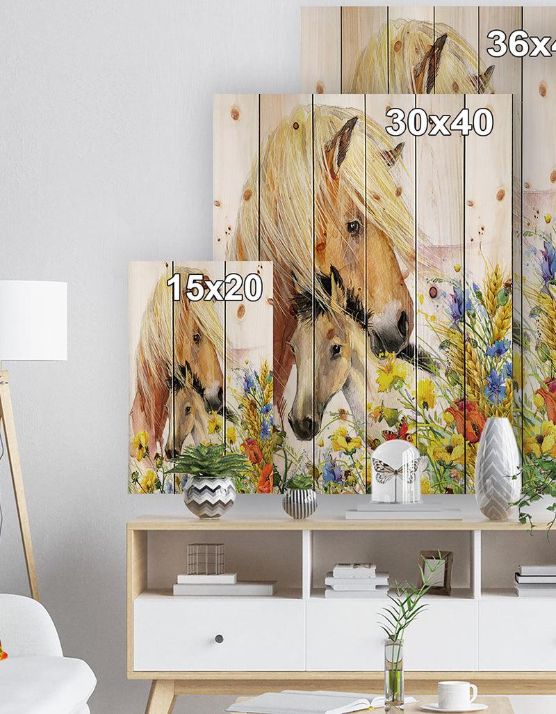 Designq Horse And Foal With Meadow - Animal Print On Natural Pine Wood