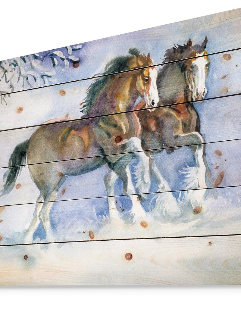 Designq Horses Running In Winter - Farmhouse Animals Print On Natural Pine Wood