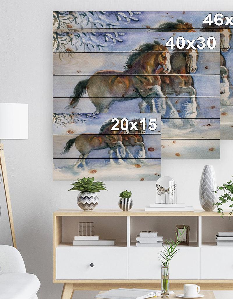 Designq Horses Running In Winter - Farmhouse Animals Print On Natural Pine Wood