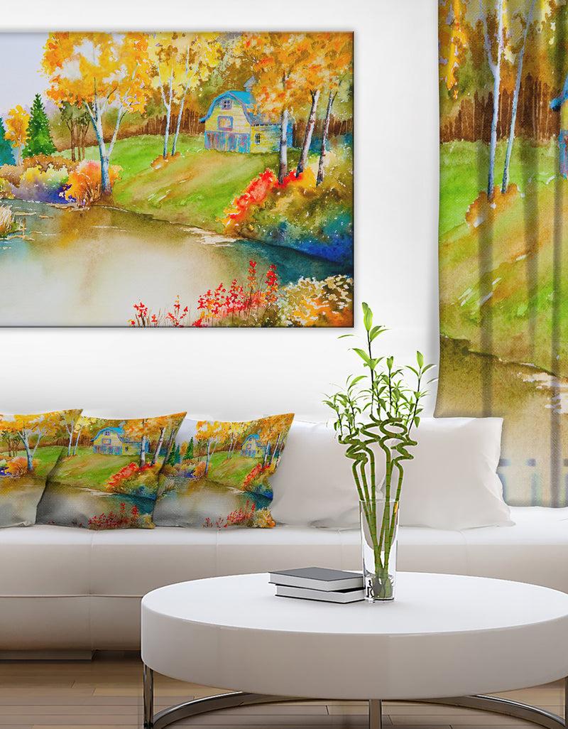 designq House and Quiet Pond in Fall - Landscape Canvas Art Print