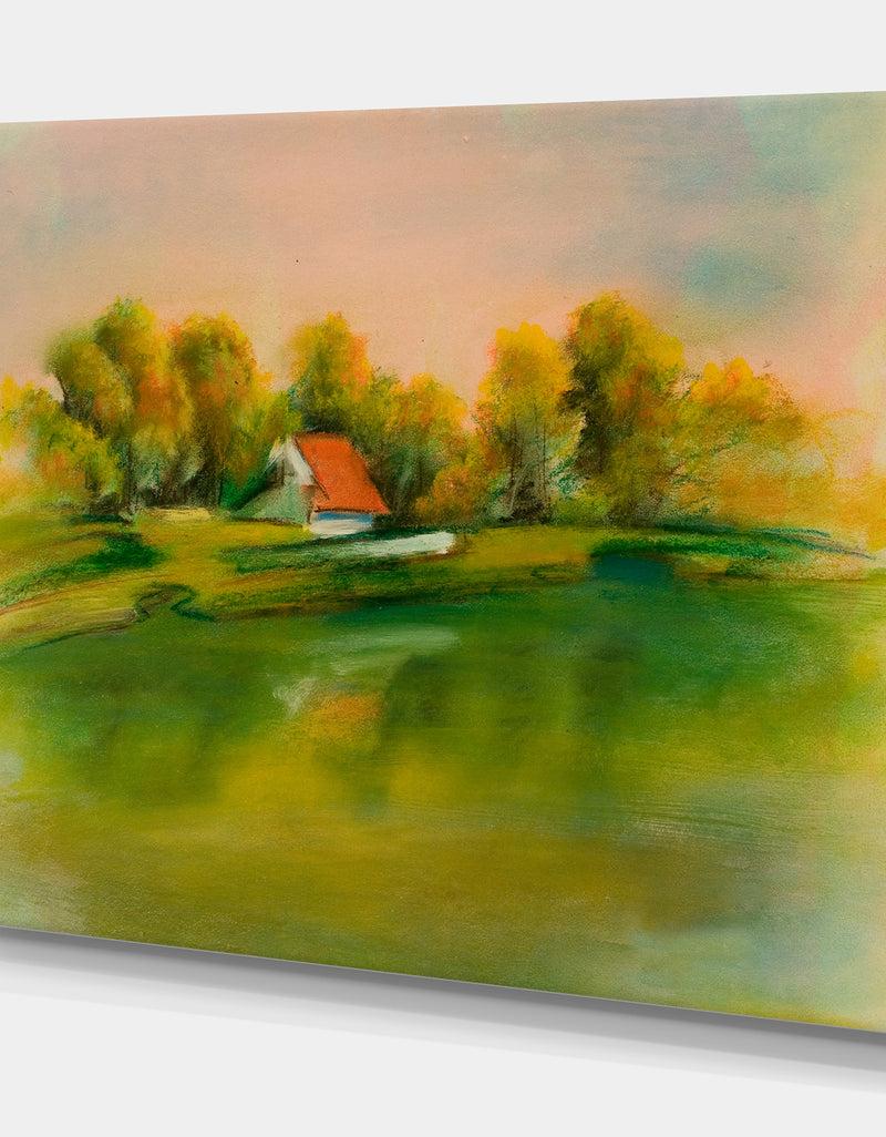 Designq House In Green Lake - Landscapes Painting Print On Wrapped Canvas