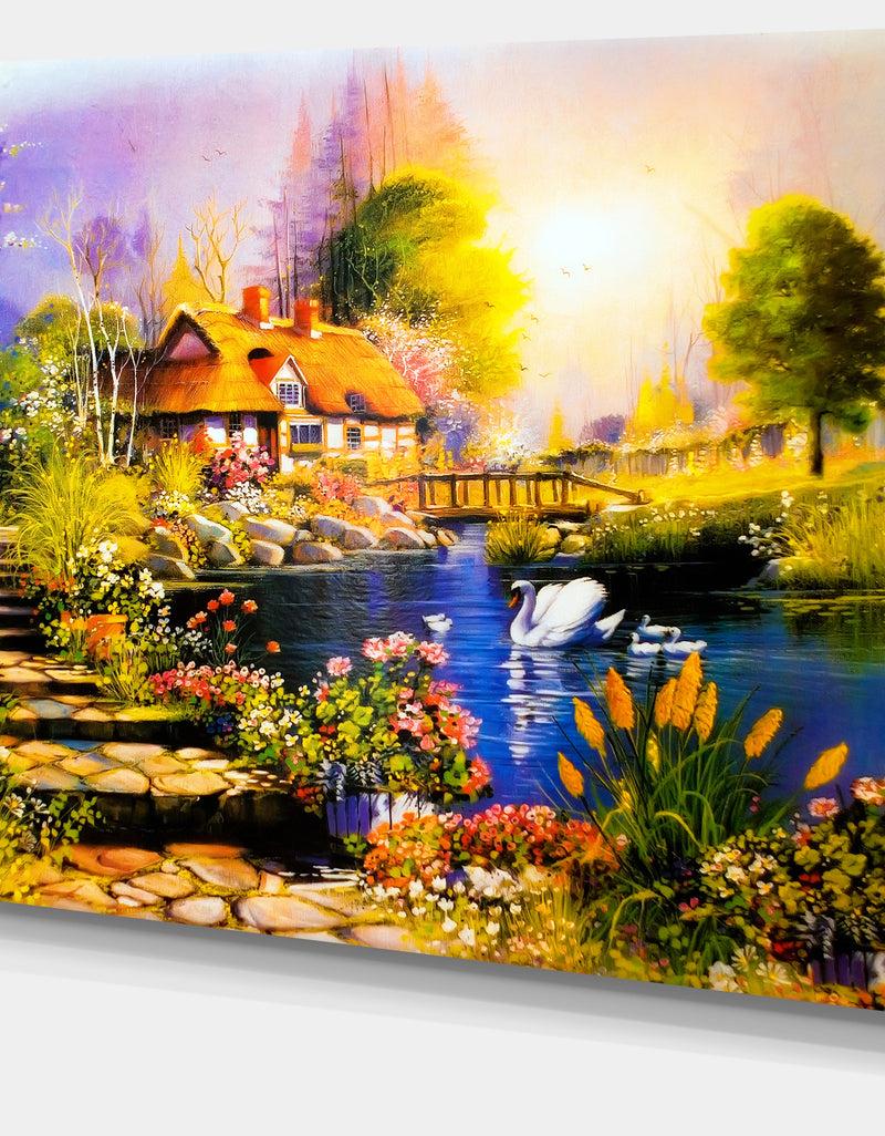 Designq House Near The Lake Swans - Landscape Canvas Artwork