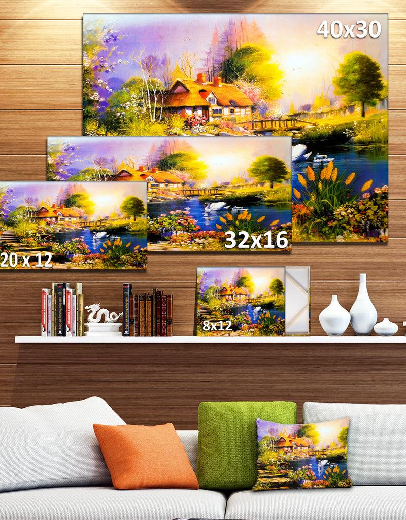 Designq House Near The Lake Swans - Landscape Canvas Artwork