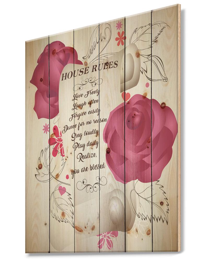Designq House Rules. Pink Rose Charter - Textual Entrance Art On Wood Wall Art