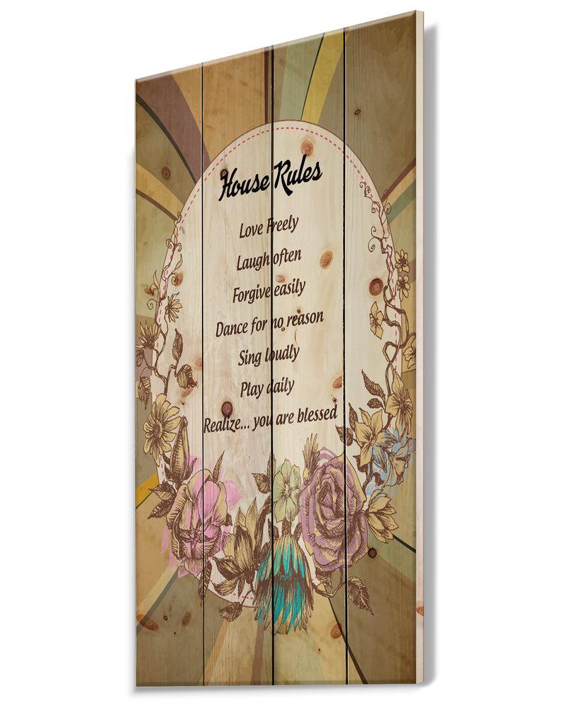 Designq House Rules. Vintage Flowers - Textual Entrance Art On Wood Wall Art