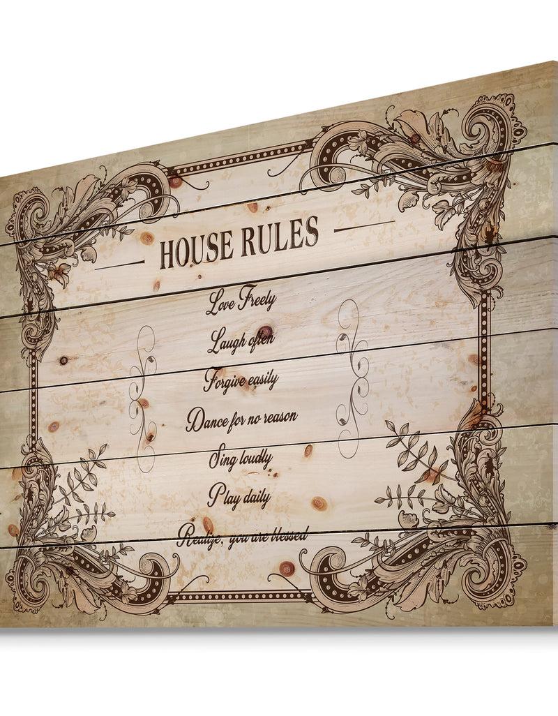 Designq House Rules. Vintage Frame - Textual Entrance Art On Wood Wall Art
