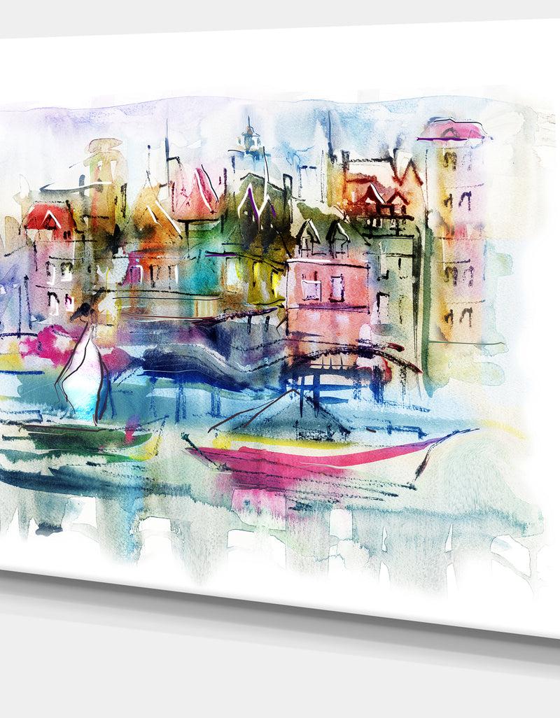 Designq Houses And Boats - Abstract Landscape Canvas Print