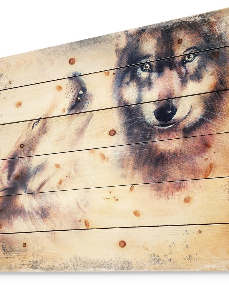 Designq Howling Wolf - Bohemian Print On Natural Pine Wood