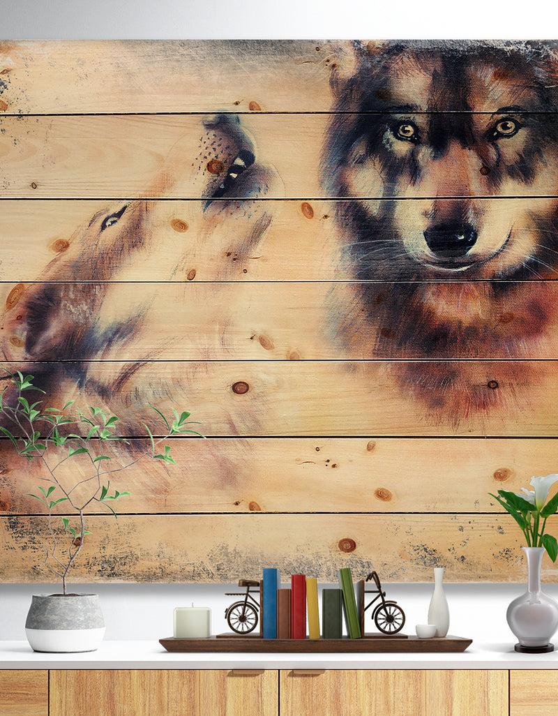 designq Howling Wolf - Bohemian Print on Natural Pine Wood