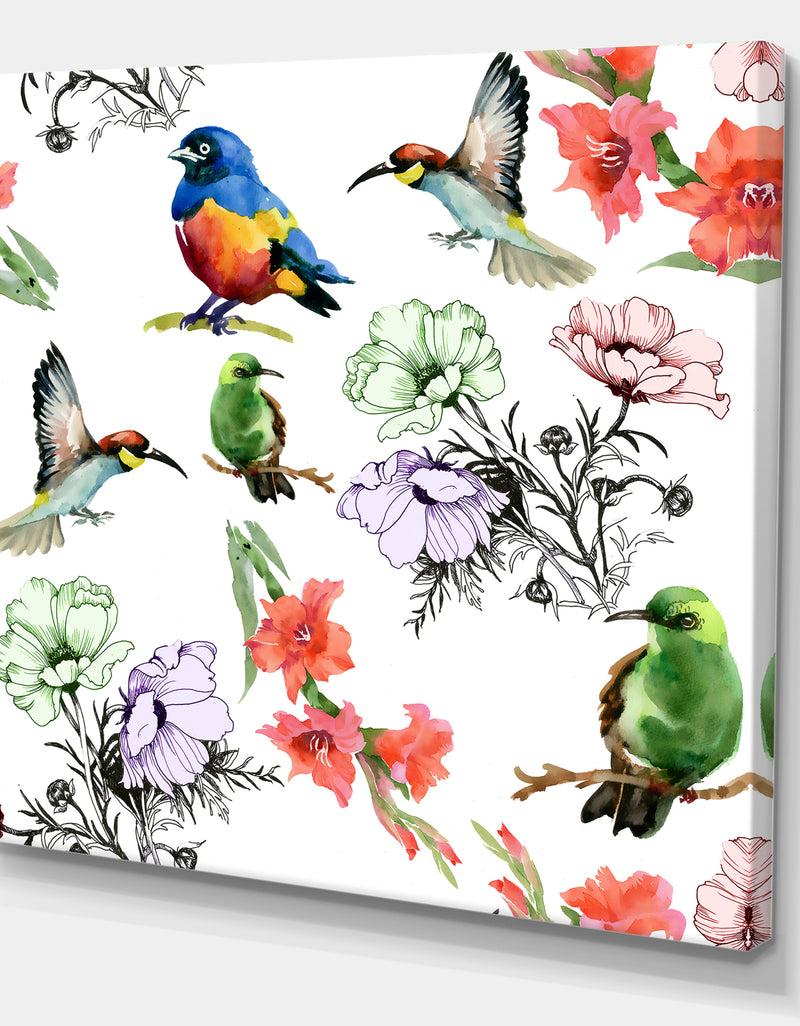 Designq Hummingburds And Blosssoming Drawn Flowers - Floral Gallery-wrapped Canvas