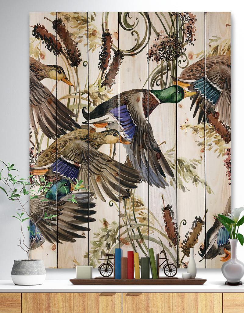 designq Illustration of colored duck - Farmhouse Animal Painting Print on Natural Pine Wood