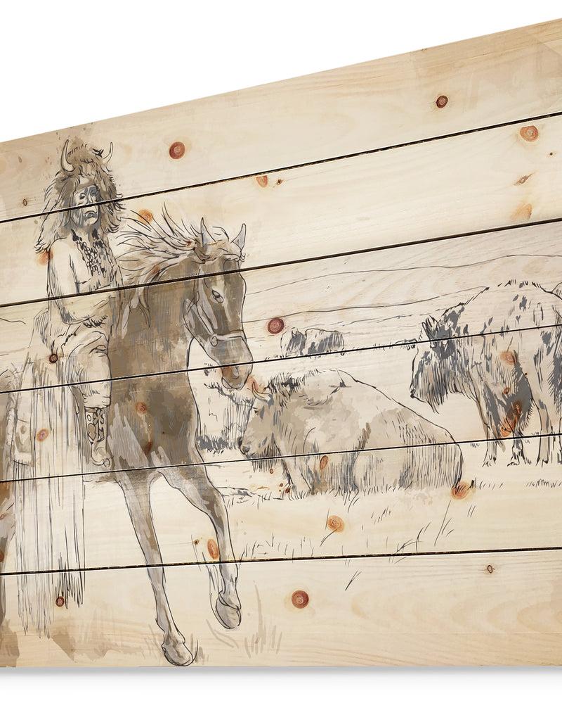 Designq Indian Chief Riding Horse - Sketch Of Indian Animals Painting Print On Natural Pine Wood