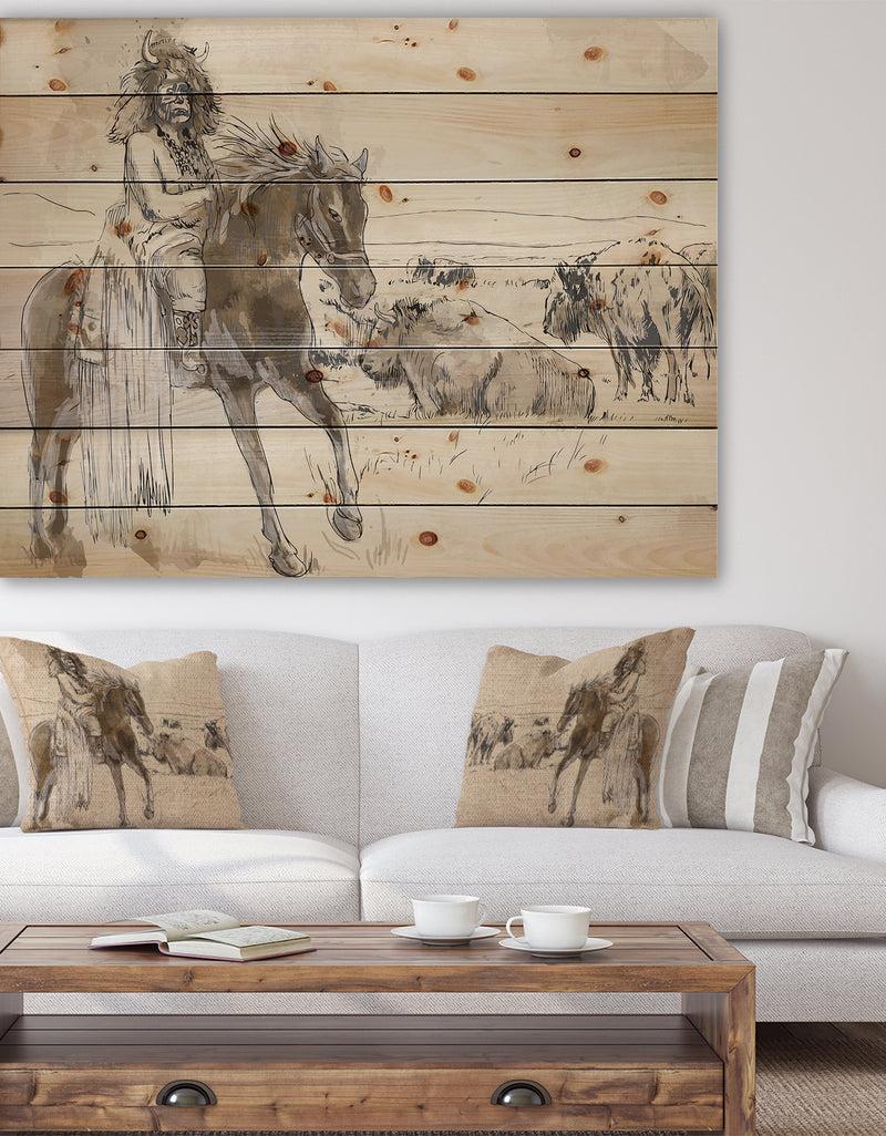 designq Indian Chief Riding Horse - Sketch of Indian Animals Painting Print on Natural Pine Wood