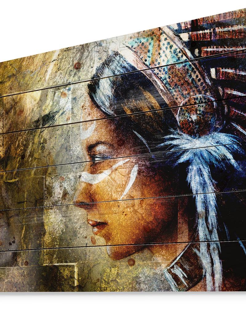 Designq Indian Woman With Headdress - Portrait Print On Natural Pine Wood