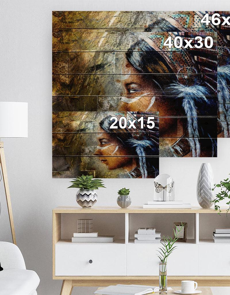 Designq Indian Woman With Headdress - Portrait Print On Natural Pine Wood