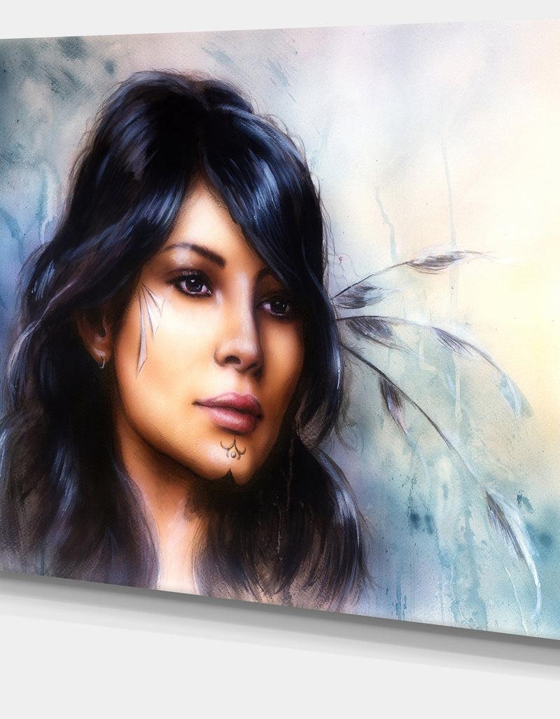 Designq Indian Woman With Ornament Tattoo - Portrait Canvas Art Print