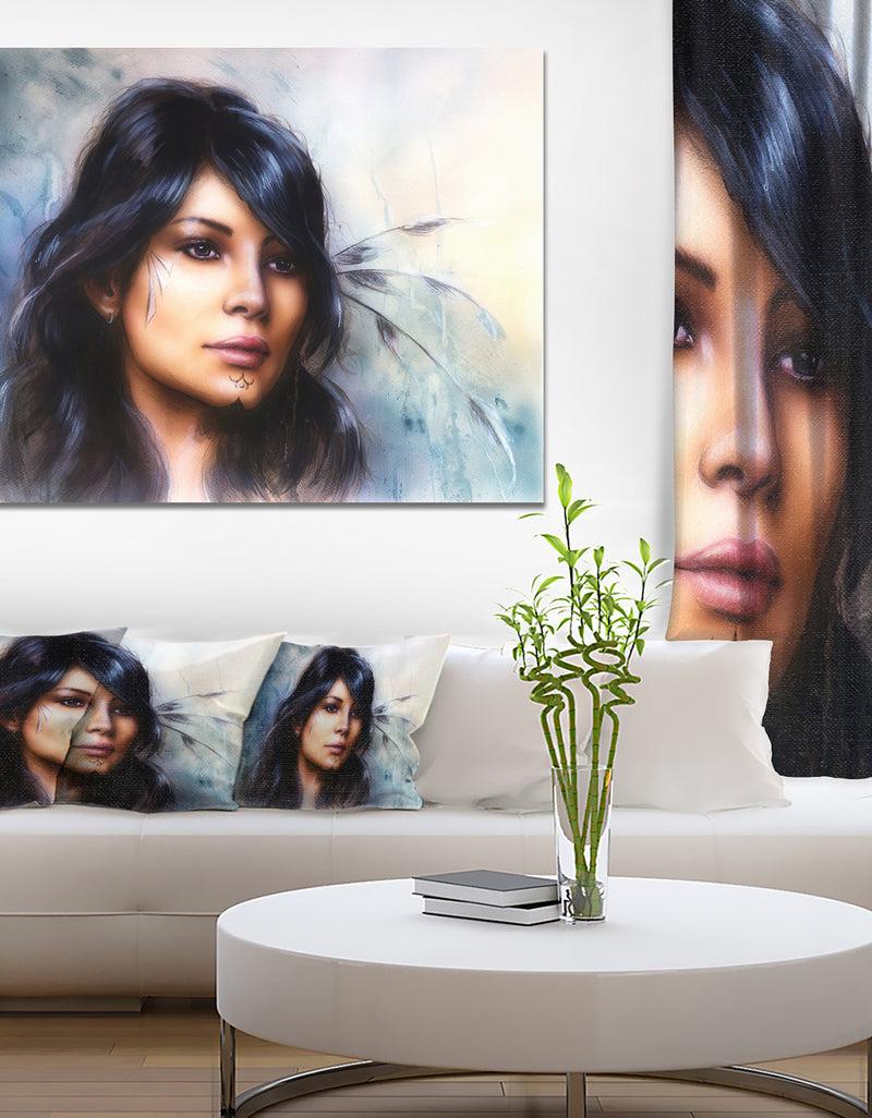designq Indian Woman with Ornament Tattoo - Portrait Canvas Art Print