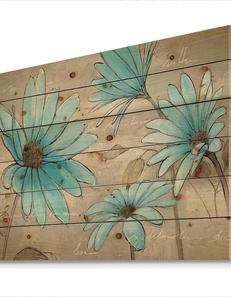 Designq Indigo Leucanthemum Cottage Flower - Traditional Print On Natural Pine Wood