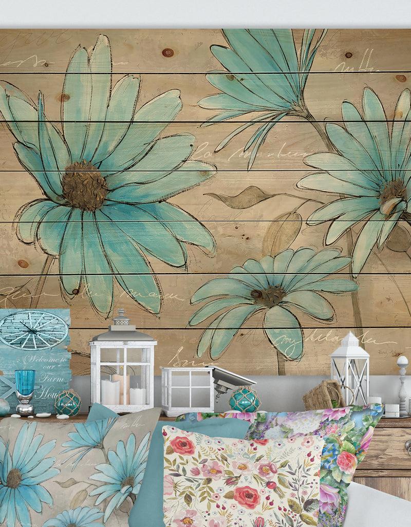 designq Indigo Leucanthemum Cottage Flower - Traditional Print on Natural Pine Wood