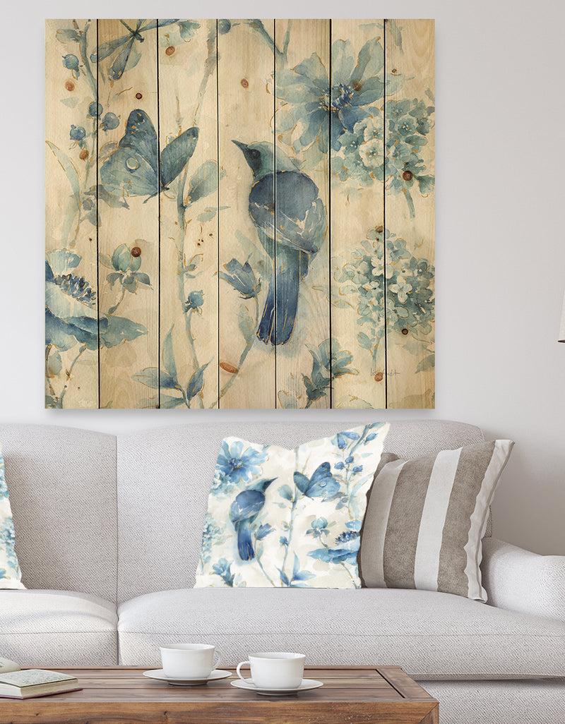 designq Indigold Bird Cottage Family I - Farmhouse Print on Natural Pine Wood
