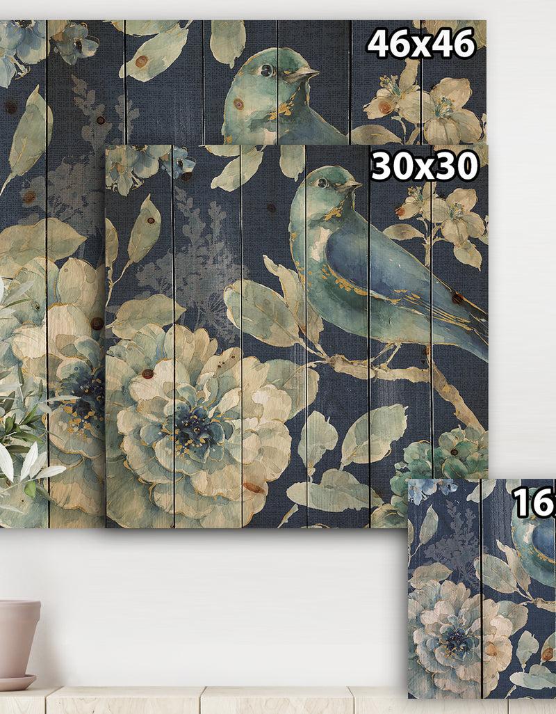 Designq Indigold Bird Cottage Family III - Farmhouse Print On Natural Pine Wood