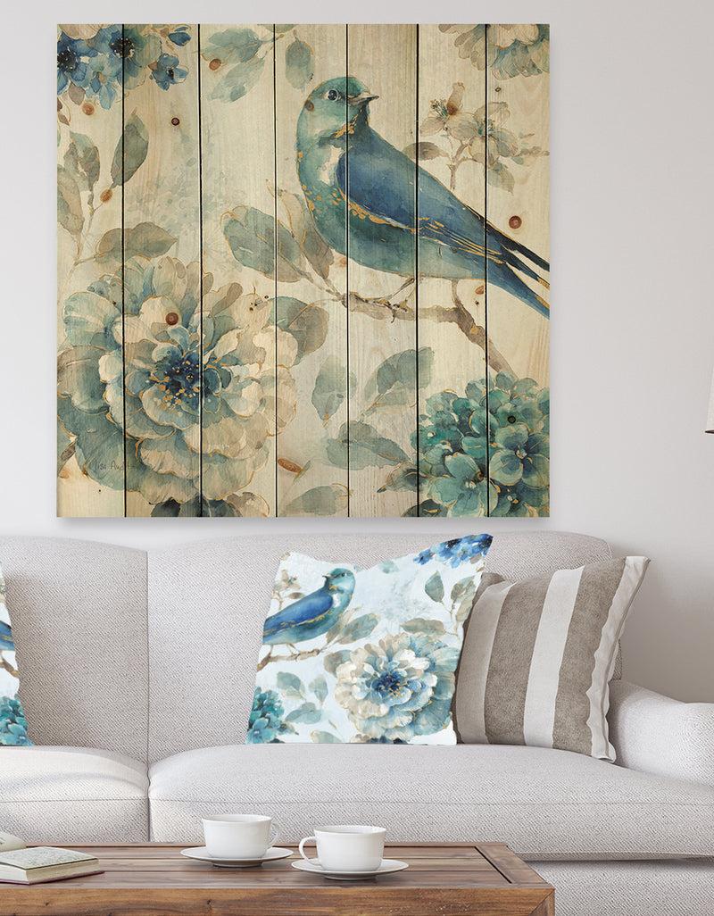 designq Indigold Watercolor Lovely bird II - Farmhouse Print on Natural Pine Wood