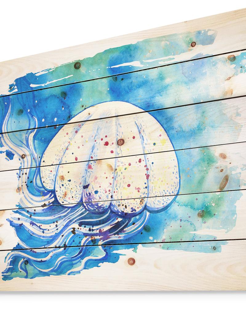 Designq Jellyfish Watercolor Painting - Abstract Print On Natural Pine Wood