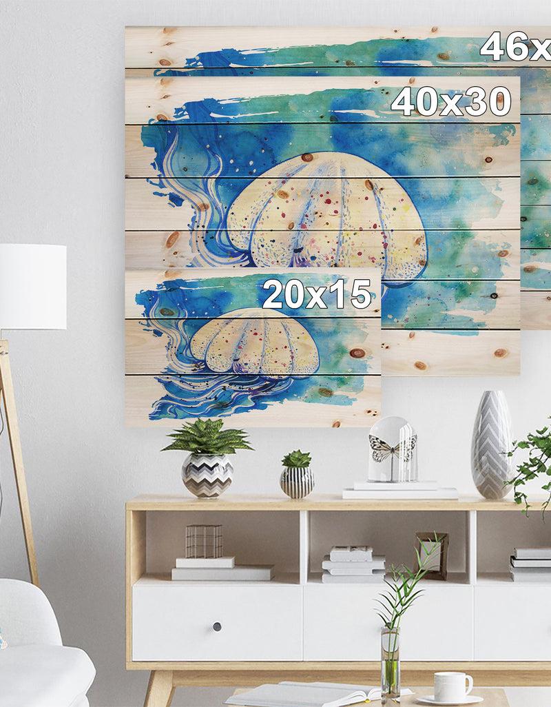 Designq Jellyfish Watercolor Painting - Abstract Print On Natural Pine Wood