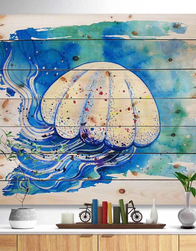 designq Jellyfish Watercolor Painting - Abstract Print on Natural Pine Wood