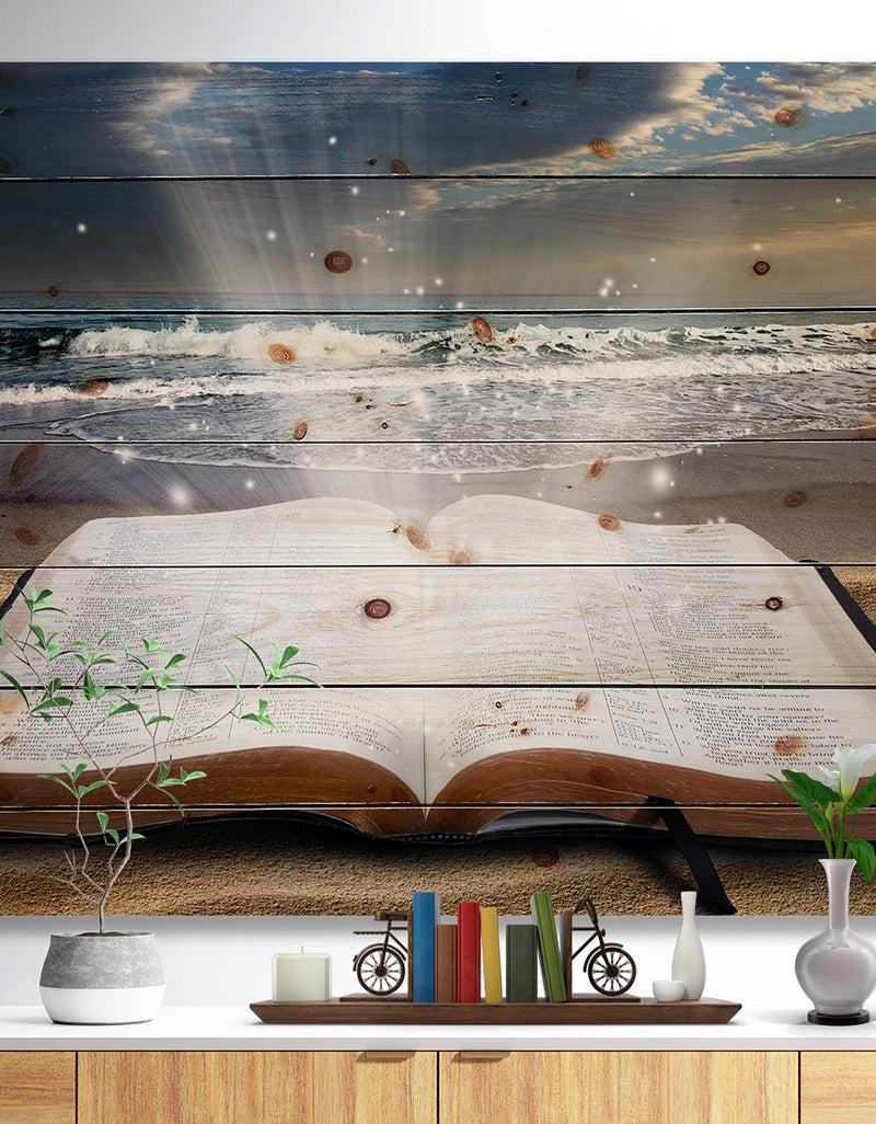 designq Jesus Bible at beach - Religious Art Print on Natural Pine Wood