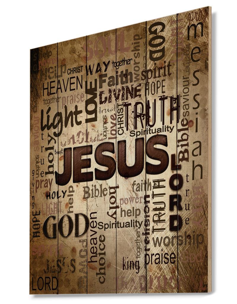 Designq Jesus - Word Cloud In Grunge Background - Religious Contemporary Print On Natural Pine Wood