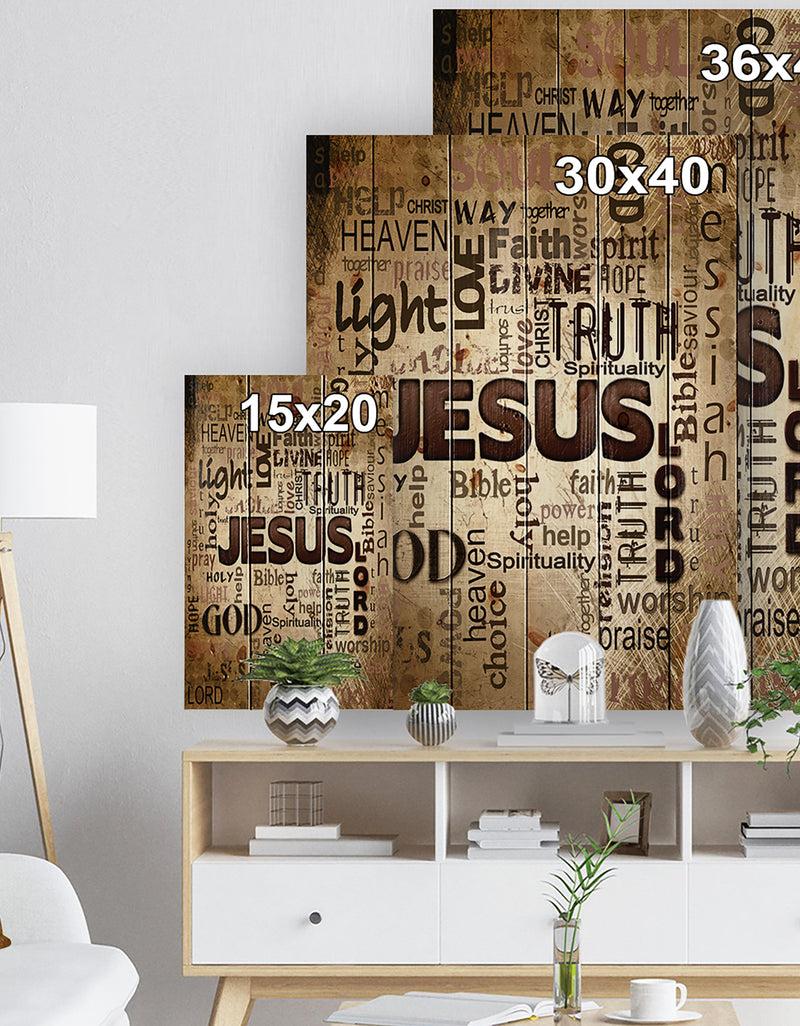 Designq Jesus - Word Cloud In Grunge Background - Religious Contemporary Print On Natural Pine Wood