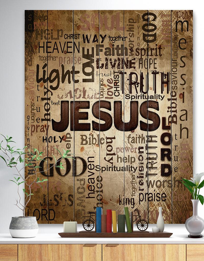 designq Jesus - word cloud in grunge background - Religious Contemporary Print on Natural Pine Wood