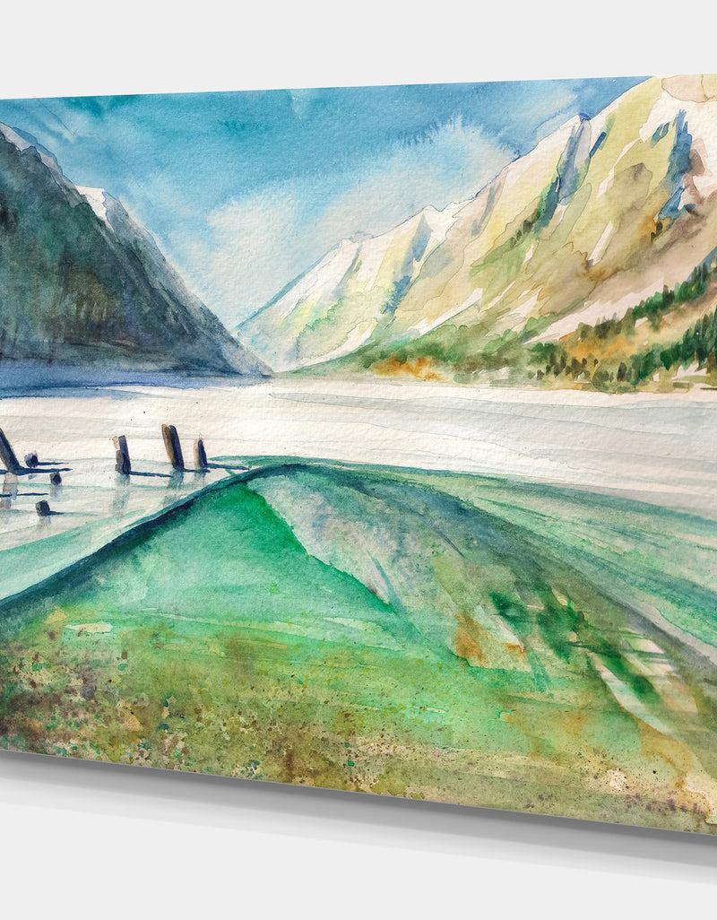 Designq Lake And Mountains Reflecting Water - Landscapes Painting Print On Wrapped Canvas