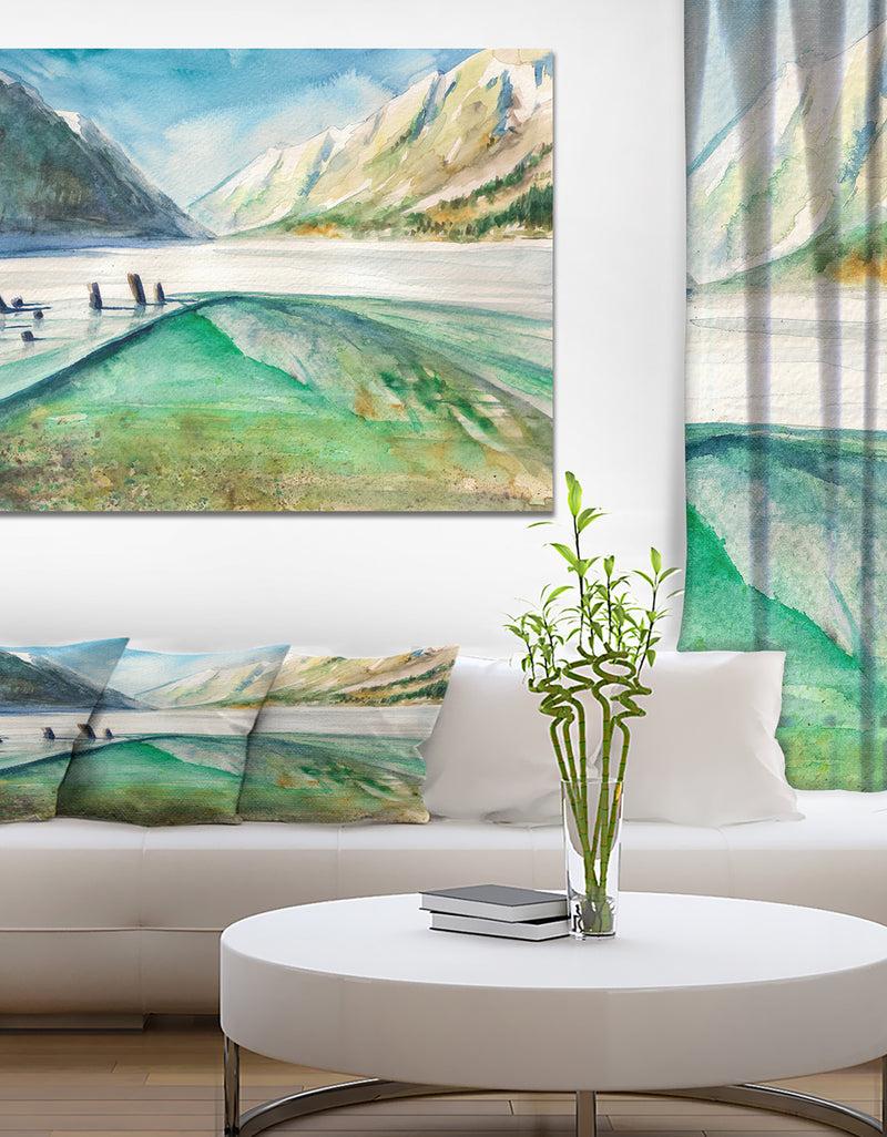 designq Lake and Mountains Reflecting Water - Landscapes Painting Print on Wrapped Canvas